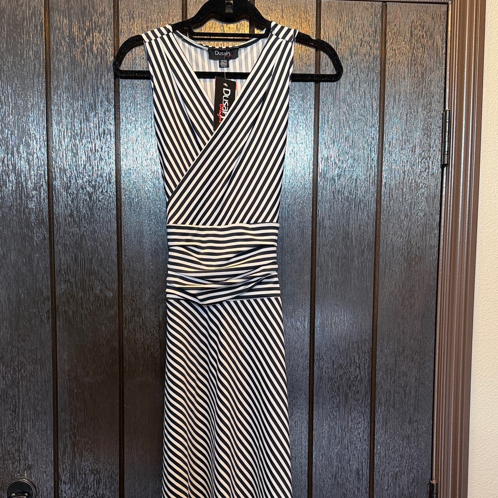 Dusak Designs Navy Blue and White Striped Maxi Dress